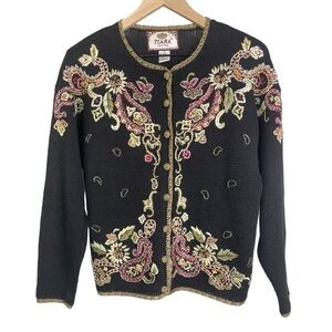 Vintage Tiara Petite Women’s Embroidered Floral Paisley Button Cardigan Sweater